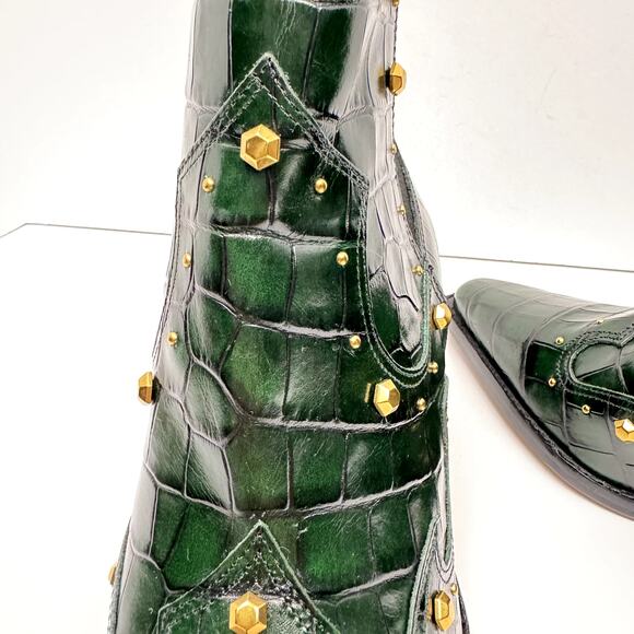 NEW Vince Camuto Norley Dark Green Crocodile Leather Gold Studded Ankle Booties - Picture 6 of 10